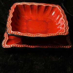 Roscher Hobnail Red 8" Square Salad/ Dessert Plate w/ 7.5" Bowl